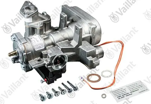 Vaillant Gasarmatur aus Metall mit mehreren Anschlussmöglichkeiten, inklusive Dichtungen und Schrauben. Klar sichtbare Markenbezeichnung auf der Montageplatte.